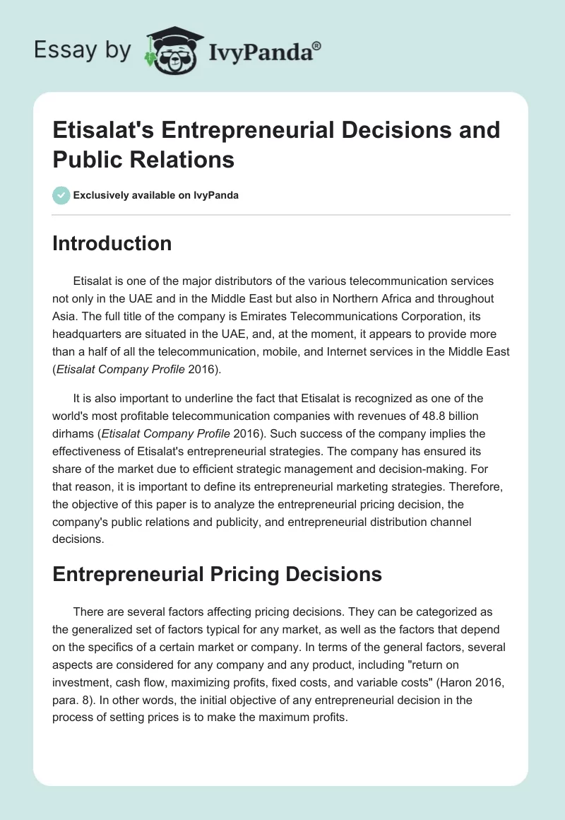 Etisalat's Entrepreneurial Decisions and Public Relations. Page 1