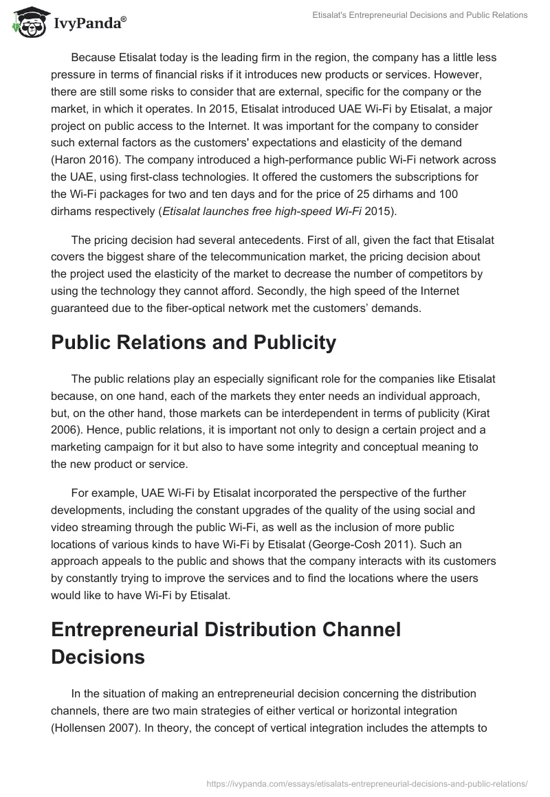 Etisalat's Entrepreneurial Decisions and Public Relations. Page 2