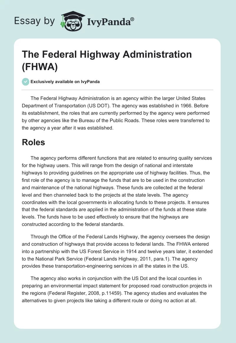 The Federal Highway Administration (FHWA). Page 1