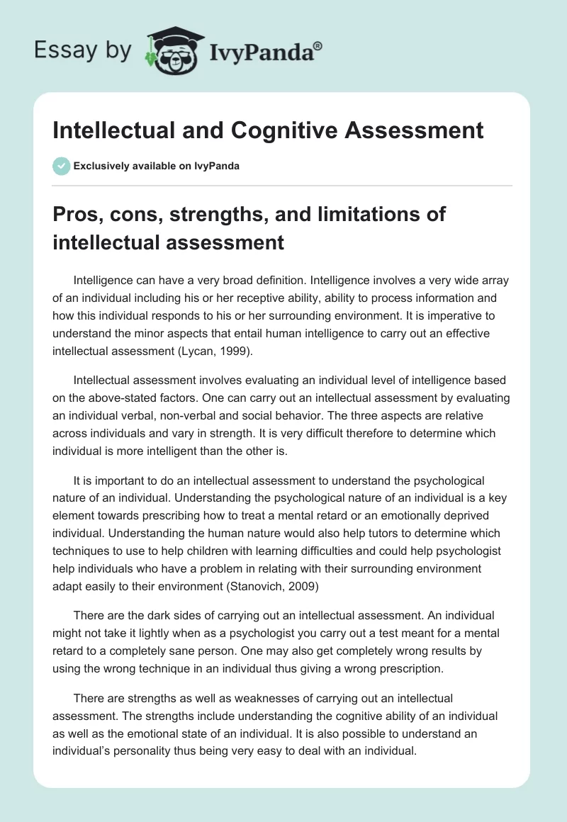 Intellectual and Cognitive Assessment. Page 1