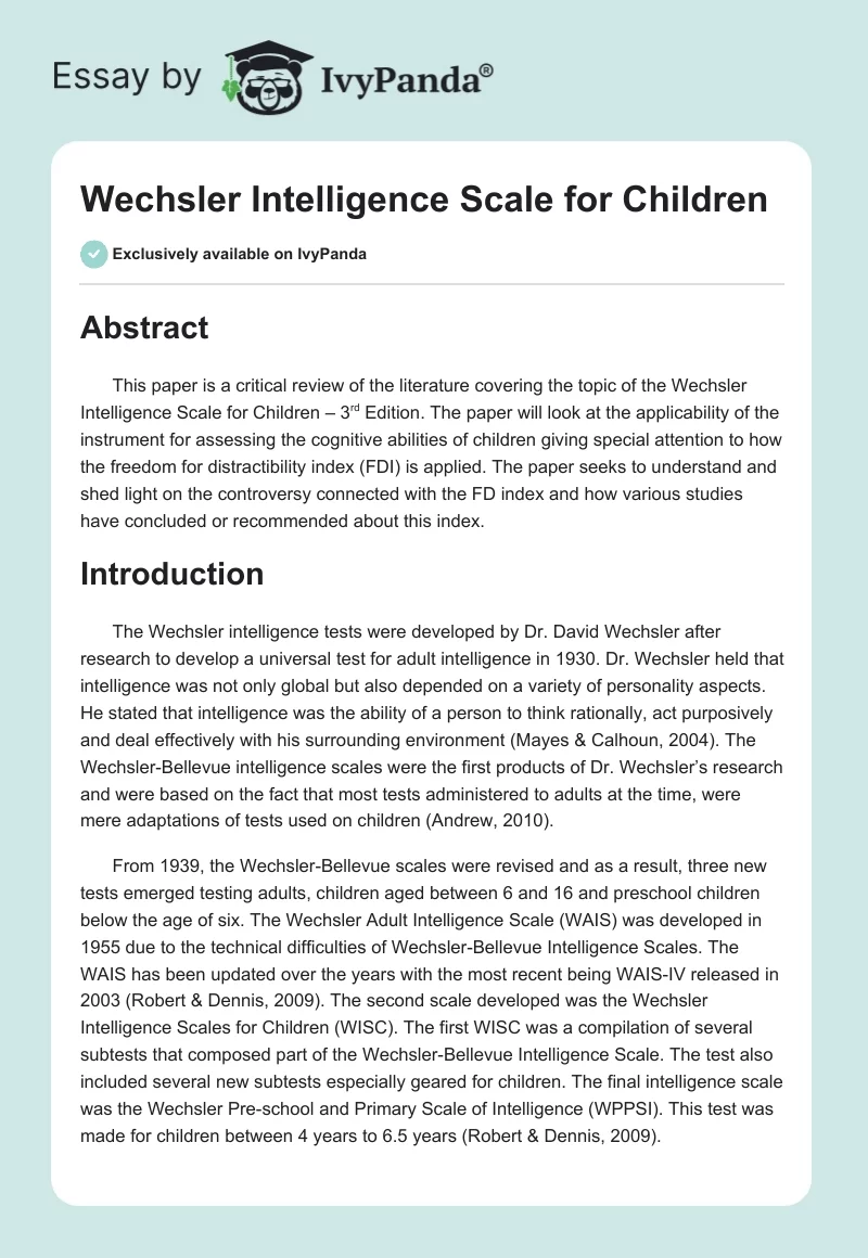 Wechsler Intelligence Scale for Children. Page 1