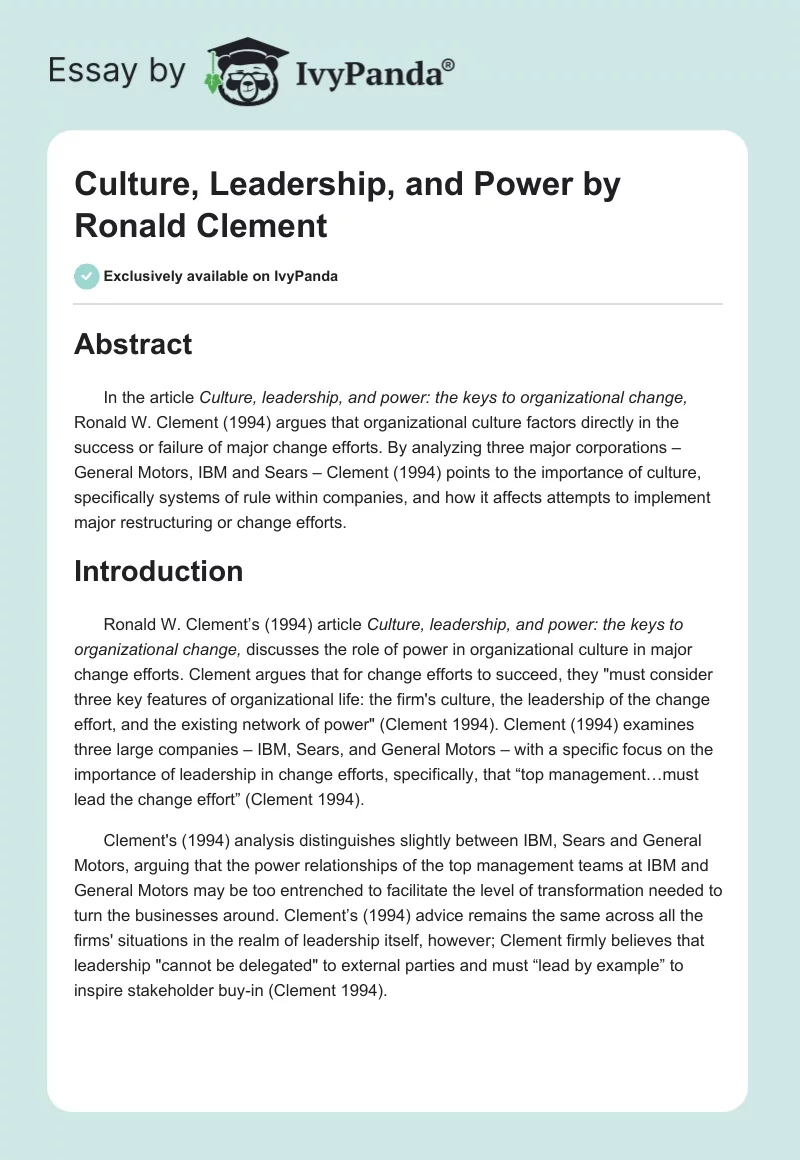 "Culture, Leadership, and Power" by Ronald Clement. Page 1