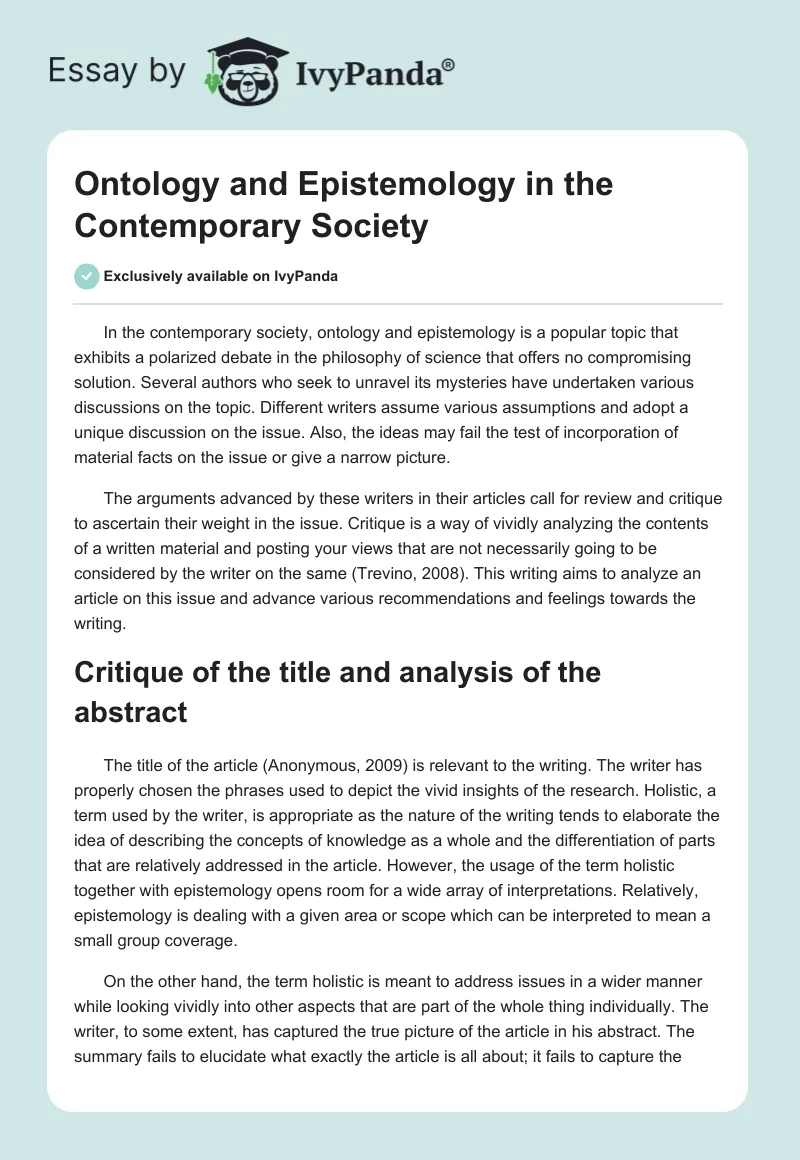 Ontology and Epistemology in the Contemporary Society. Page 1