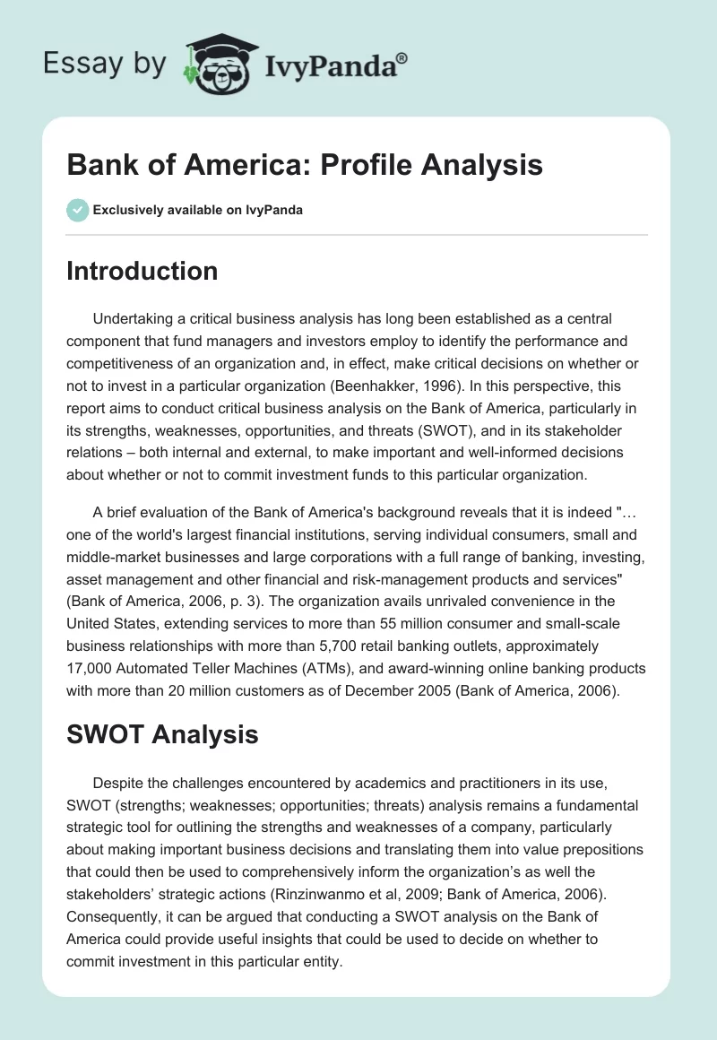 Bank of America: Profile Analysis. Page 1