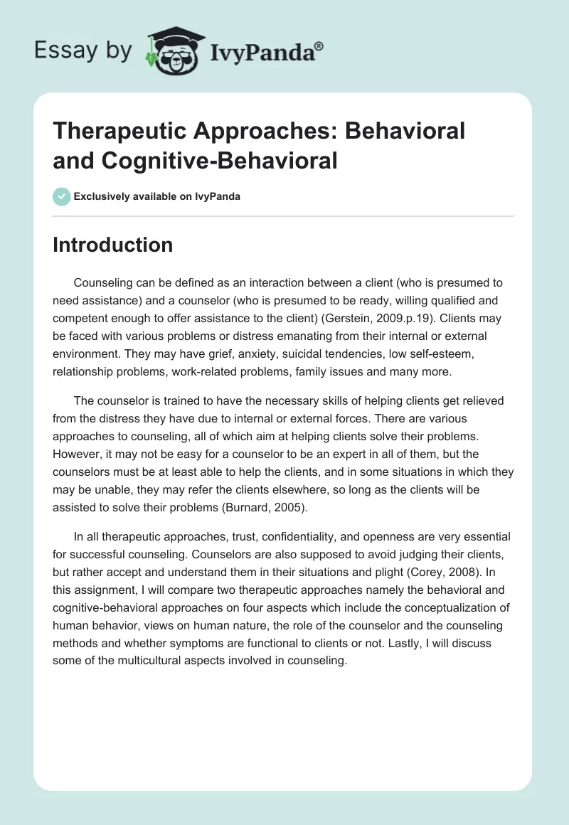 Therapeutic Approaches: Behavioral and Cognitive-Behavioral. Page 1