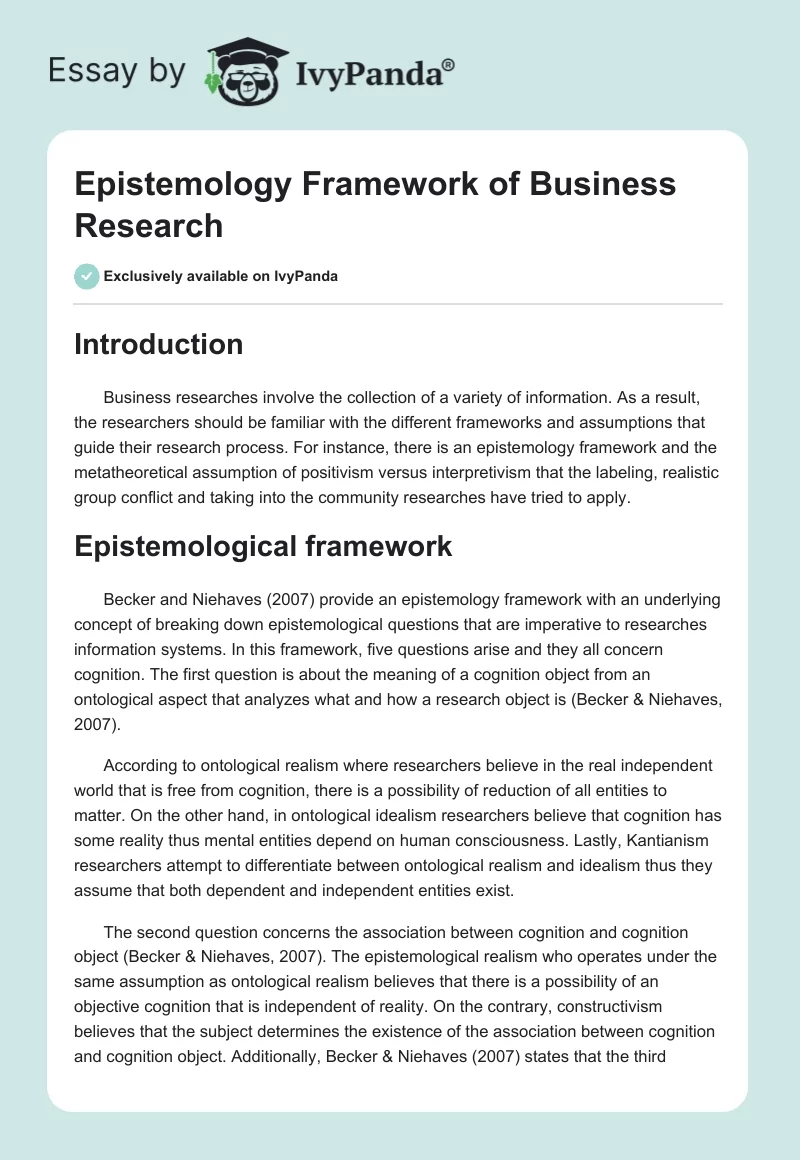 Epistemology Framework of Business Research. Page 1