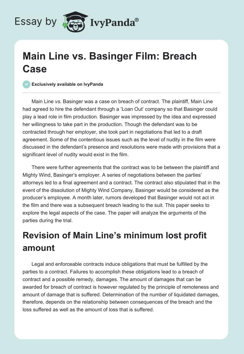 Main Line vs. Basinger Film: Breach Case. Page 1