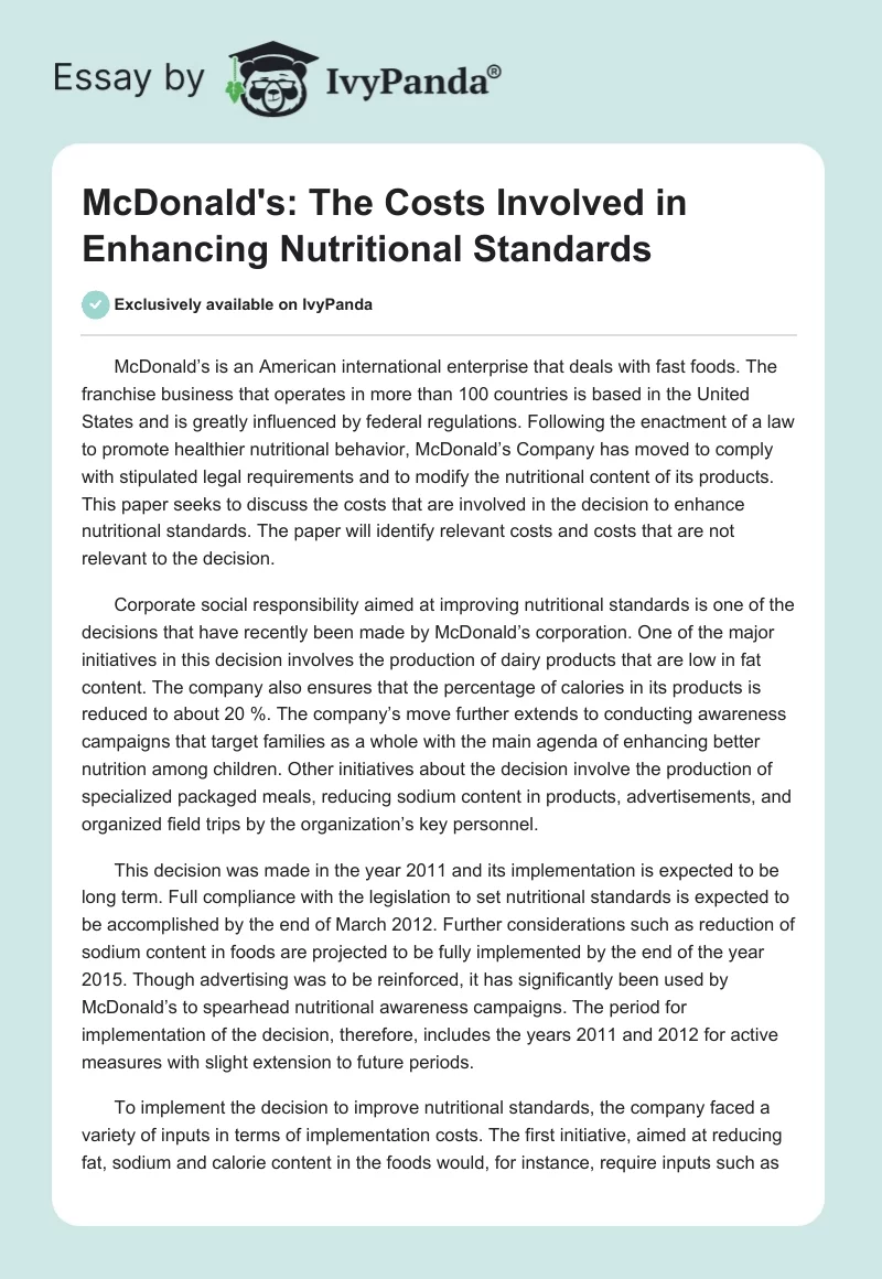 McDonald's: The Costs Involved in Enhancing Nutritional Standards. Page 1