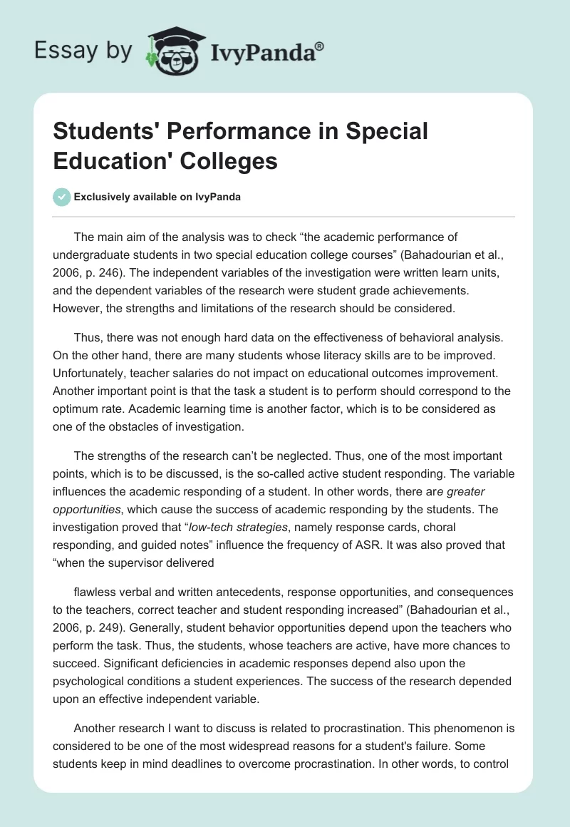 Students' Performance in Special Education' Colleges. Page 1
