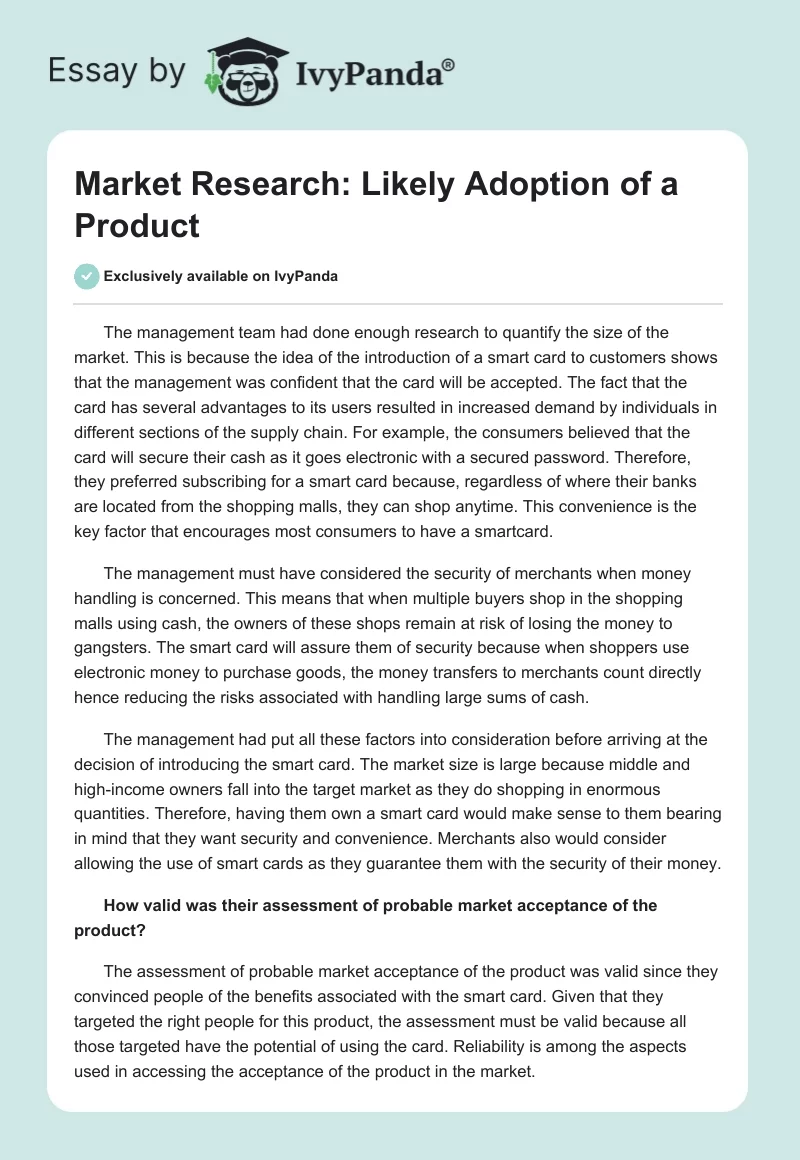 Market Research: Likely Adoption of a Product. Page 1