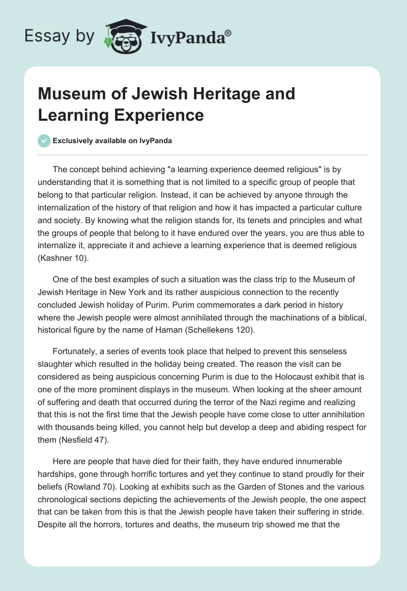 Museum of Jewish Heritage and Learning Experience. Page 1