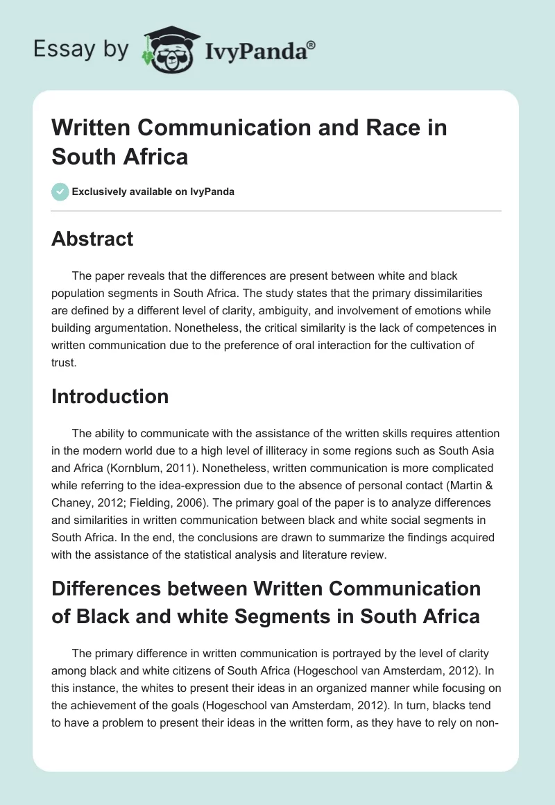 Written Communication and Race in South Africa. Page 1