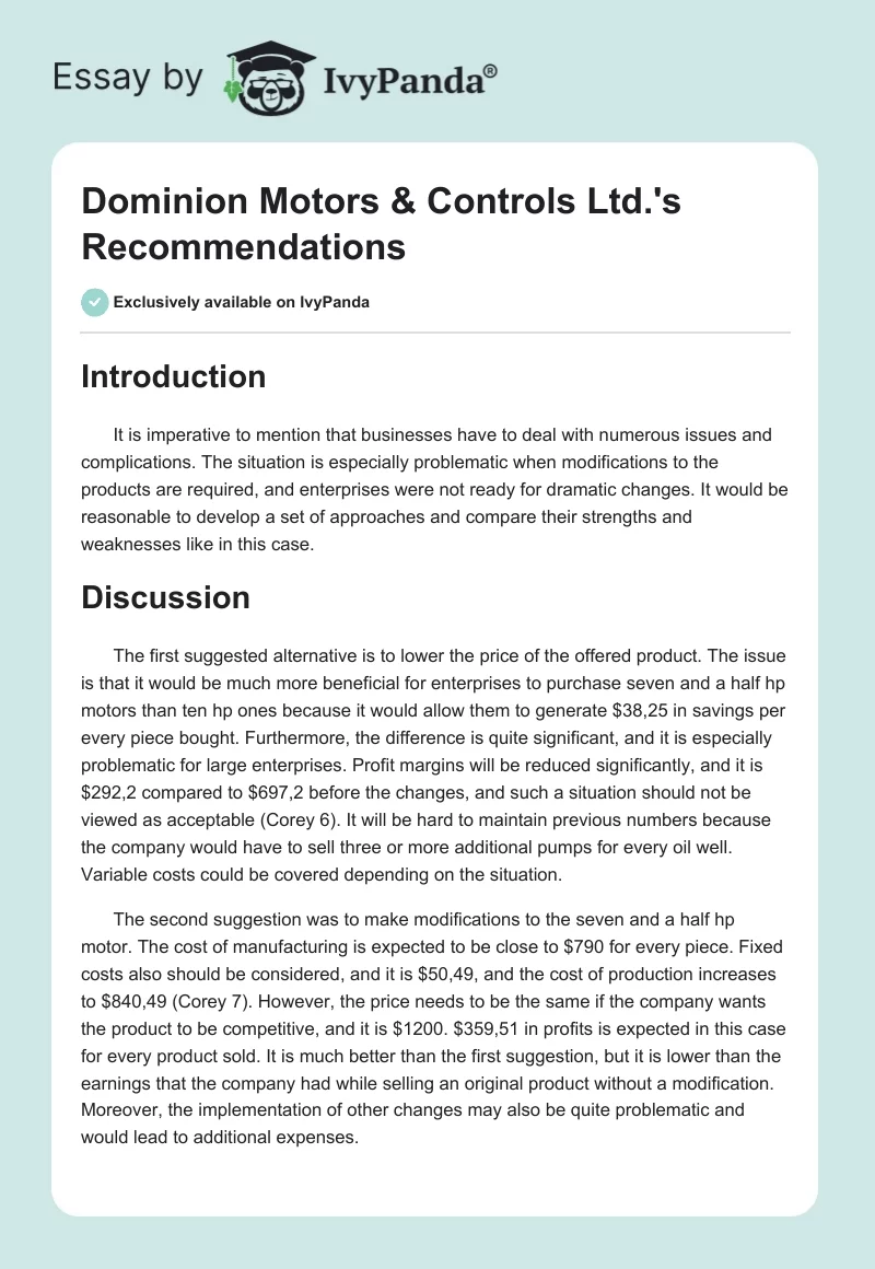 Dominion Motors & Controls Ltd.'s Recommendations. Page 1