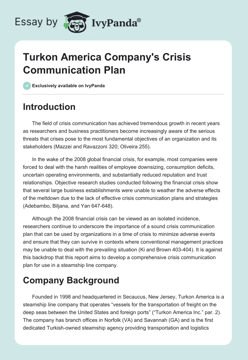 Turkon America Company's Crisis Communication Plan. Page 1