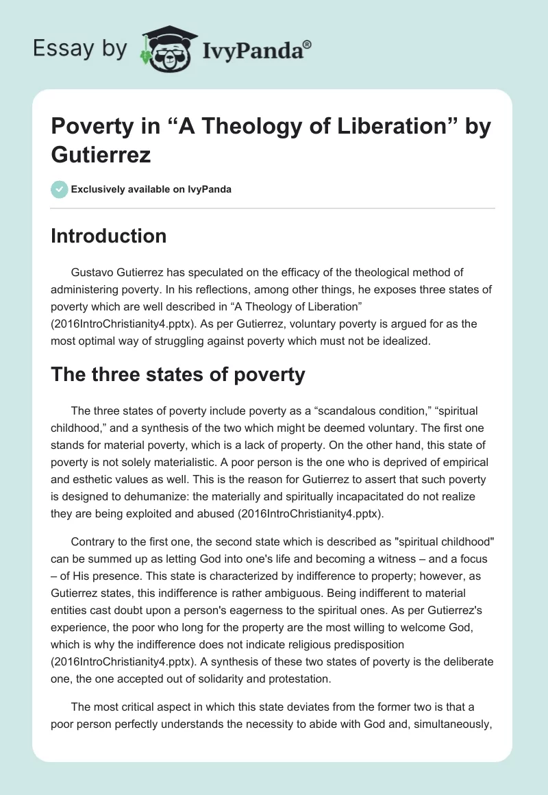 Poverty in “A Theology of Liberation” by Gutierrez. Page 1