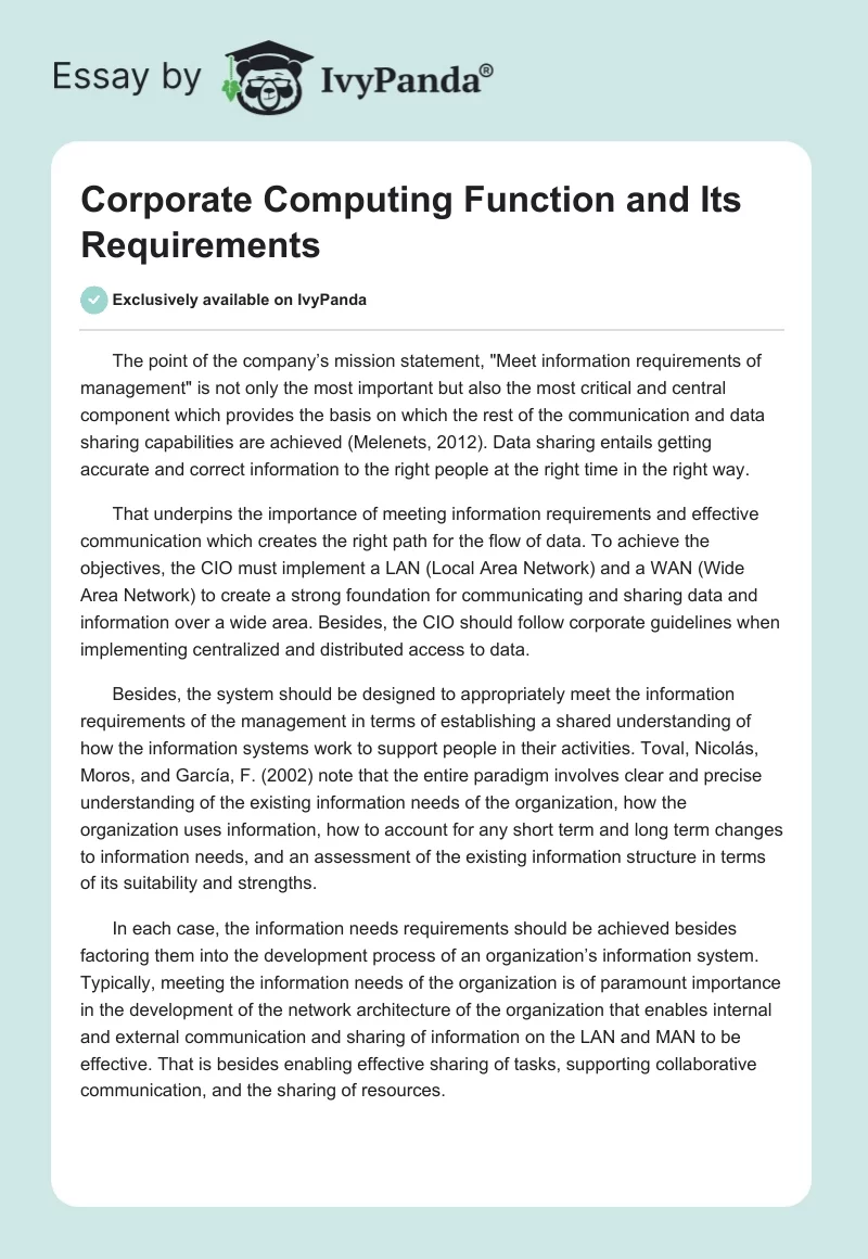 Corporate Computing Function and Its Requirements. Page 1