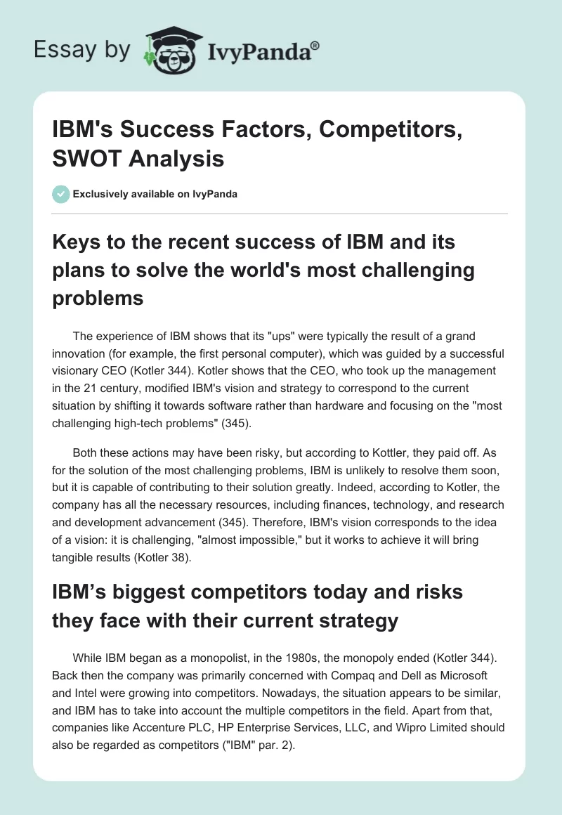 IBM's Success Factors, Competitors, SWOT Analysis. Page 1