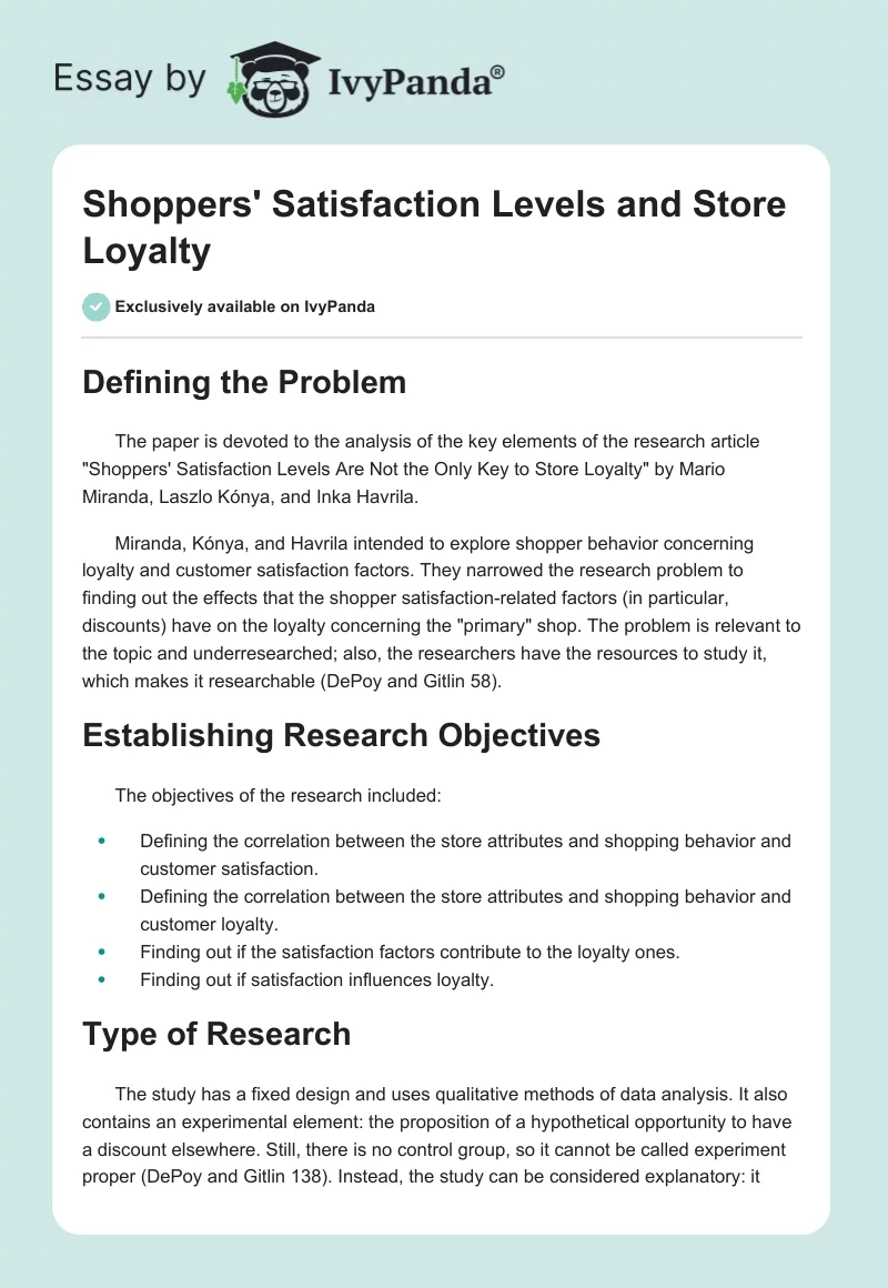 Shoppers' Satisfaction Levels and Store Loyalty. Page 1