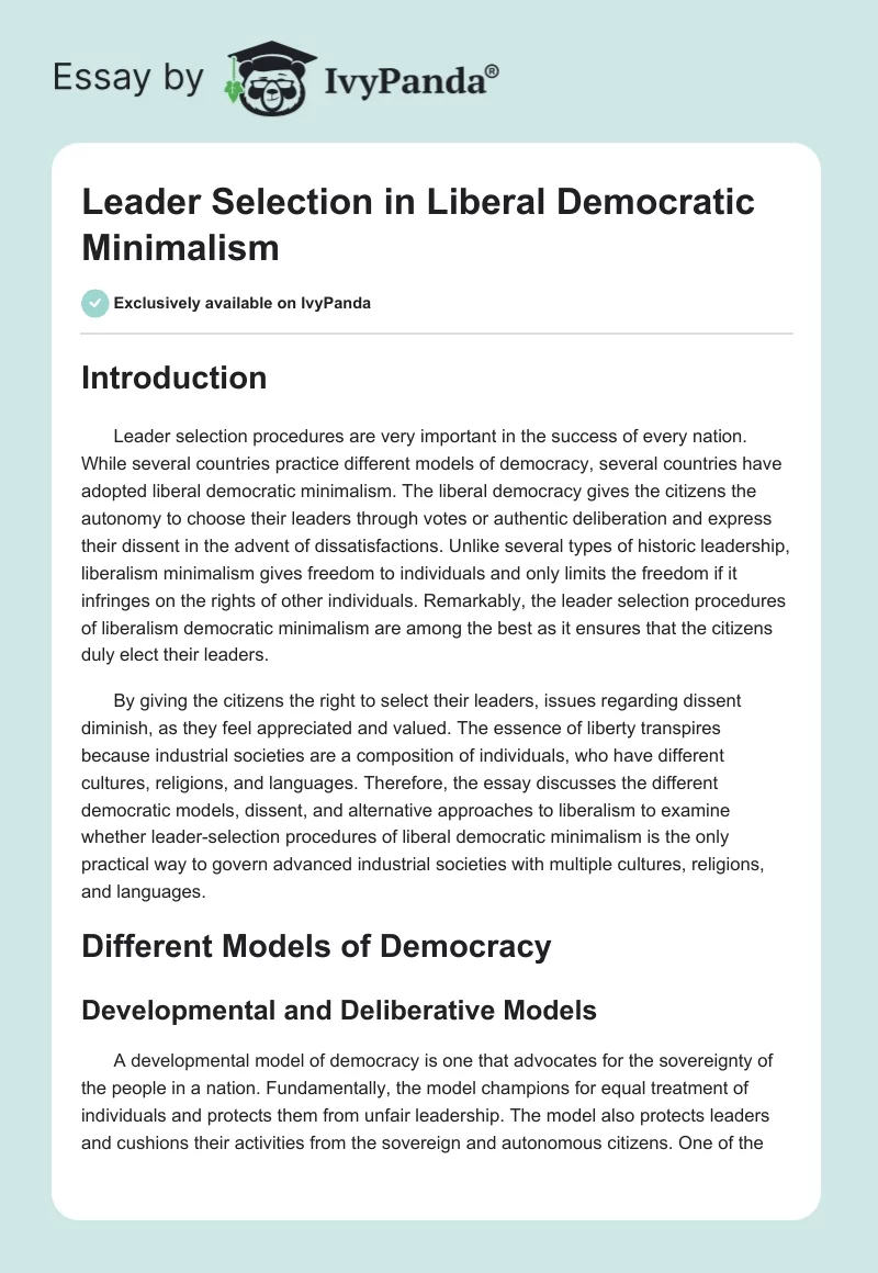Leader Selection in Liberal Democratic Minimalism. Page 1
