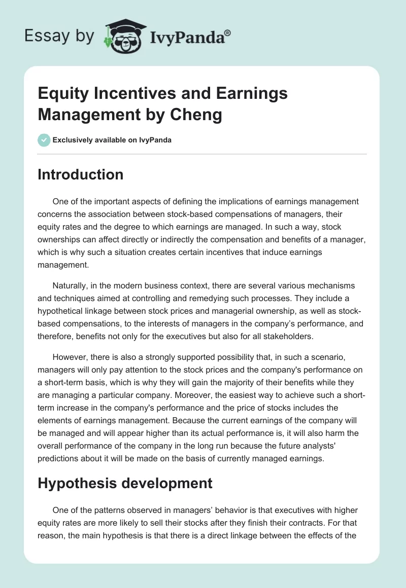 Equity Incentives and Earnings Management by Cheng. Page 1