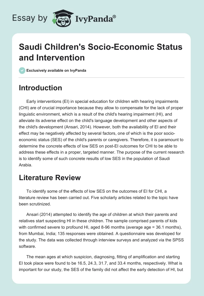 Saudi Children's Socio-Economic Status and Intervention. Page 1
