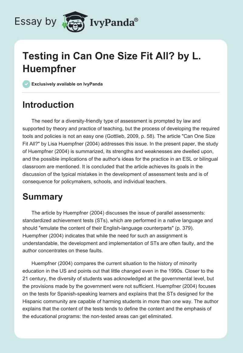 Testing in "Can One Size Fit All?" by L. Huempfner. Page 1