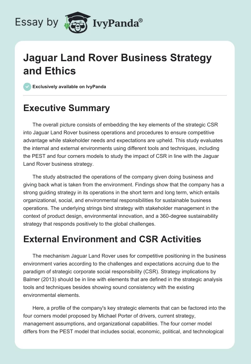 Jaguar Land Rover Business Strategy and Ethics. Page 1
