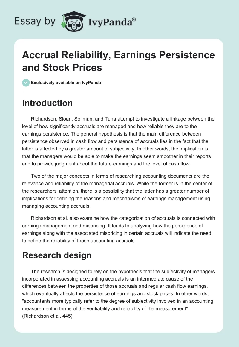 Accrual Reliability, Earnings Persistence and Stock Prices. Page 1
