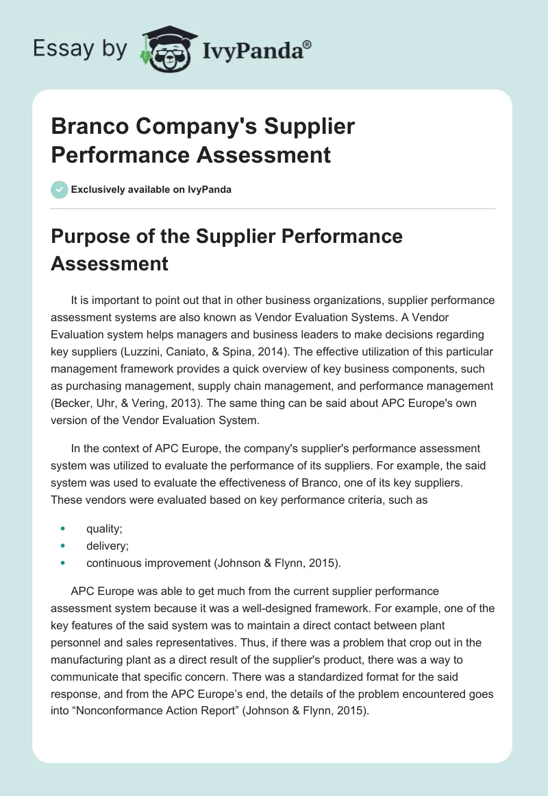 Branco Company's Supplier Performance Assessment. Page 1