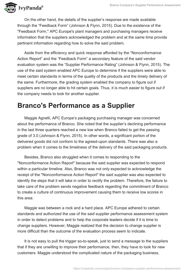 Branco Company's Supplier Performance Assessment. Page 2