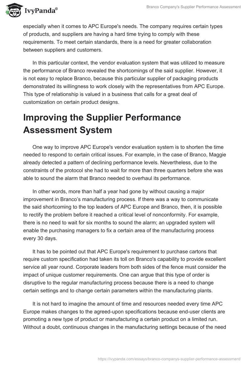 Branco Company's Supplier Performance Assessment. Page 3