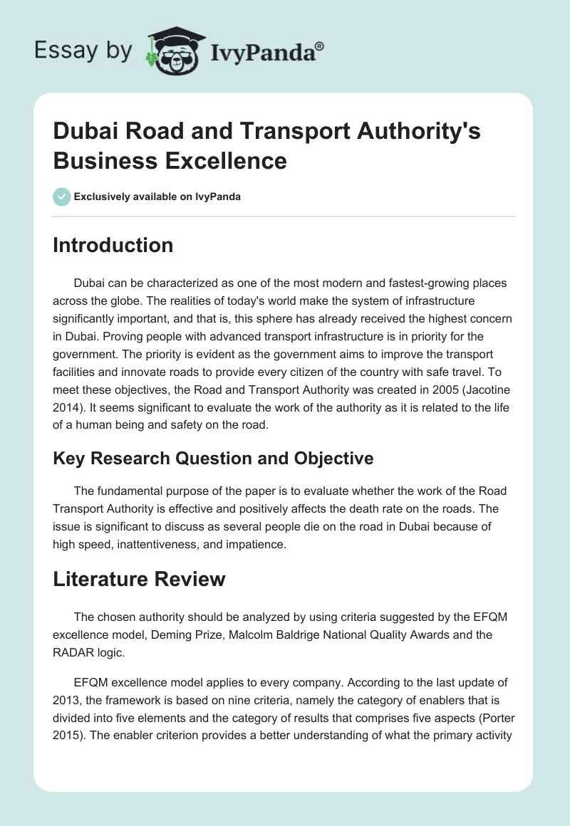 Dubai Road and Transport Authority's Business Excellence. Page 1