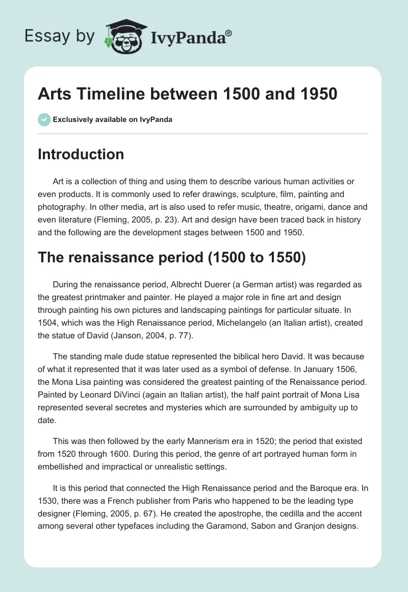 Arts Timeline between 1500 and 1950. Page 1
