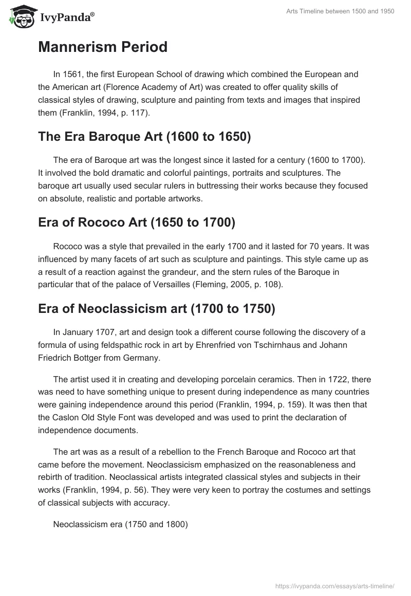 Arts Timeline between 1500 and 1950. Page 2