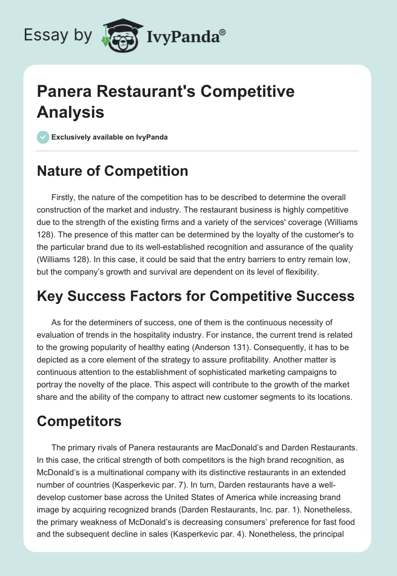 Panera Restaurant's Competitive Analysis. Page 1