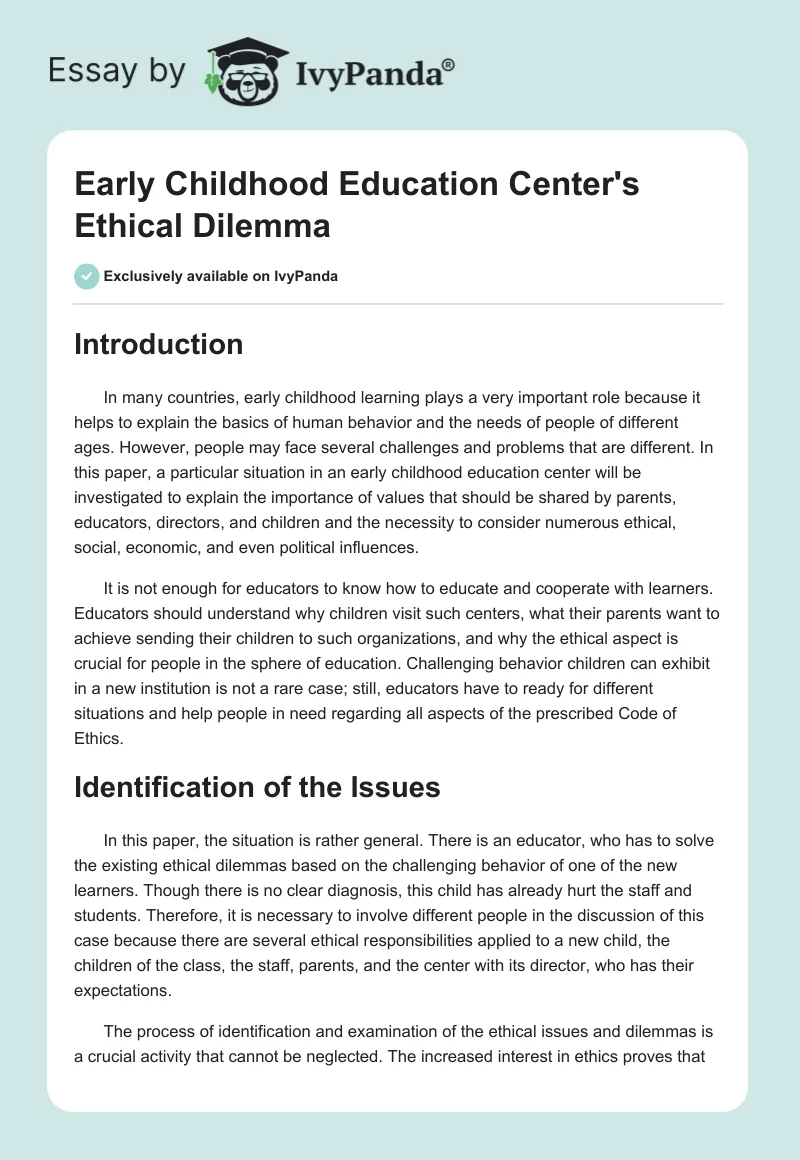 Early Childhood Education Center's Ethical Dilemma. Page 1