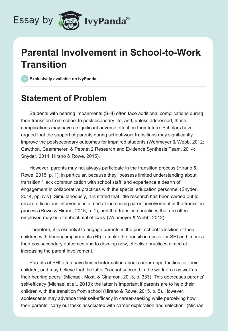 Parental Involvement in School-To-Work Transition. Page 1