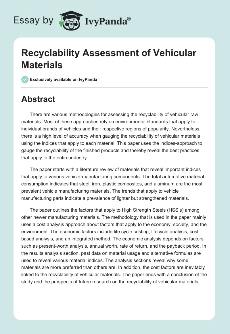 Recyclability Assessment of Vehicular Materials. Page 1