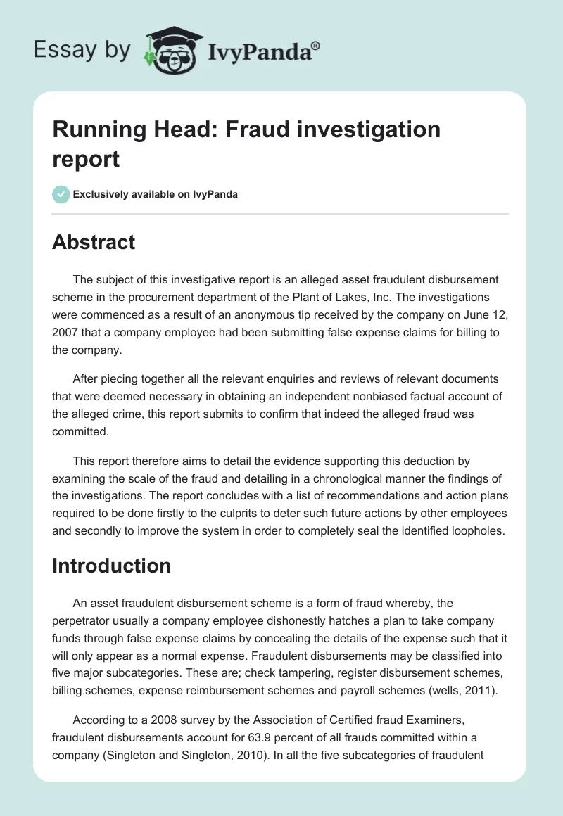 Running Head: Fraud investigation report. Page 1