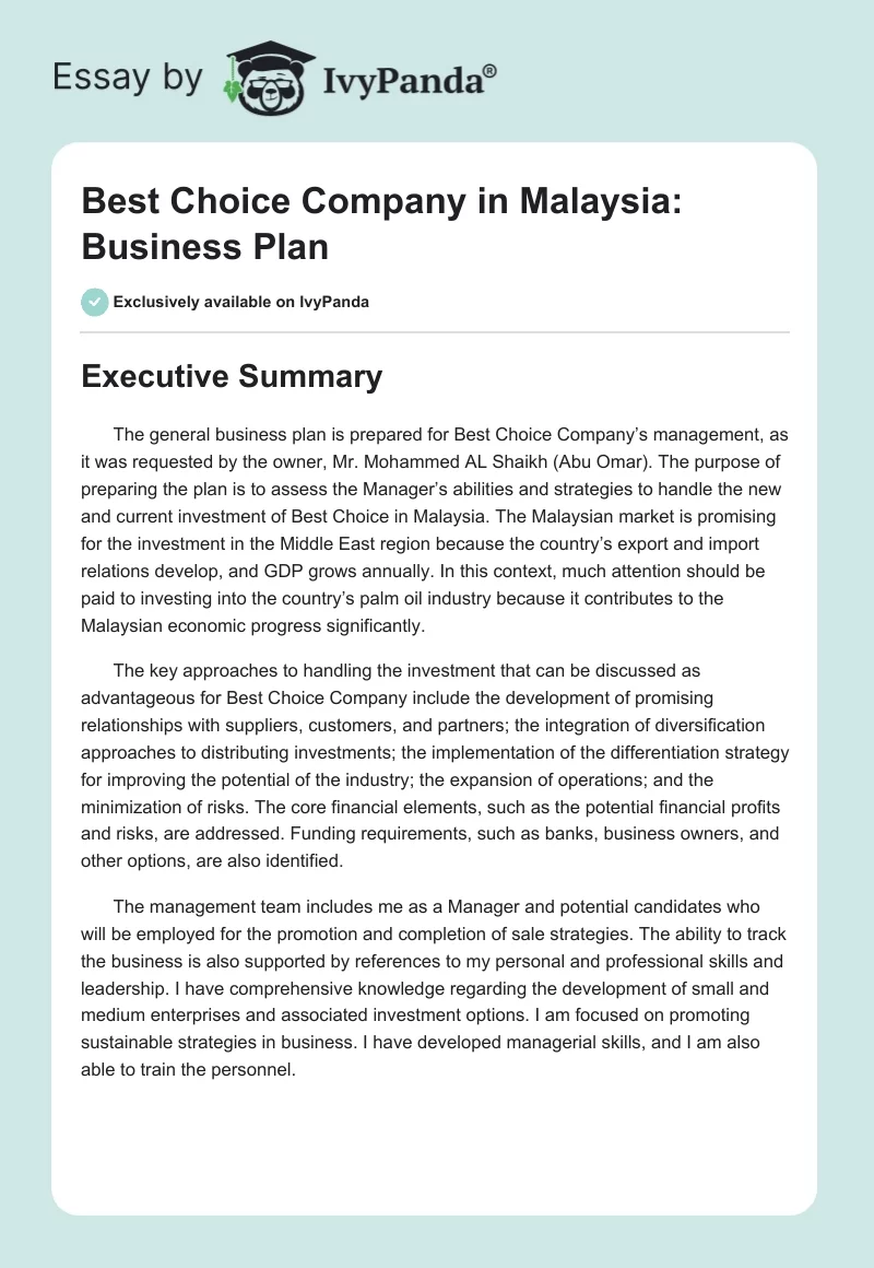 Best Choice Company in Malaysia: Business Plan. Page 1