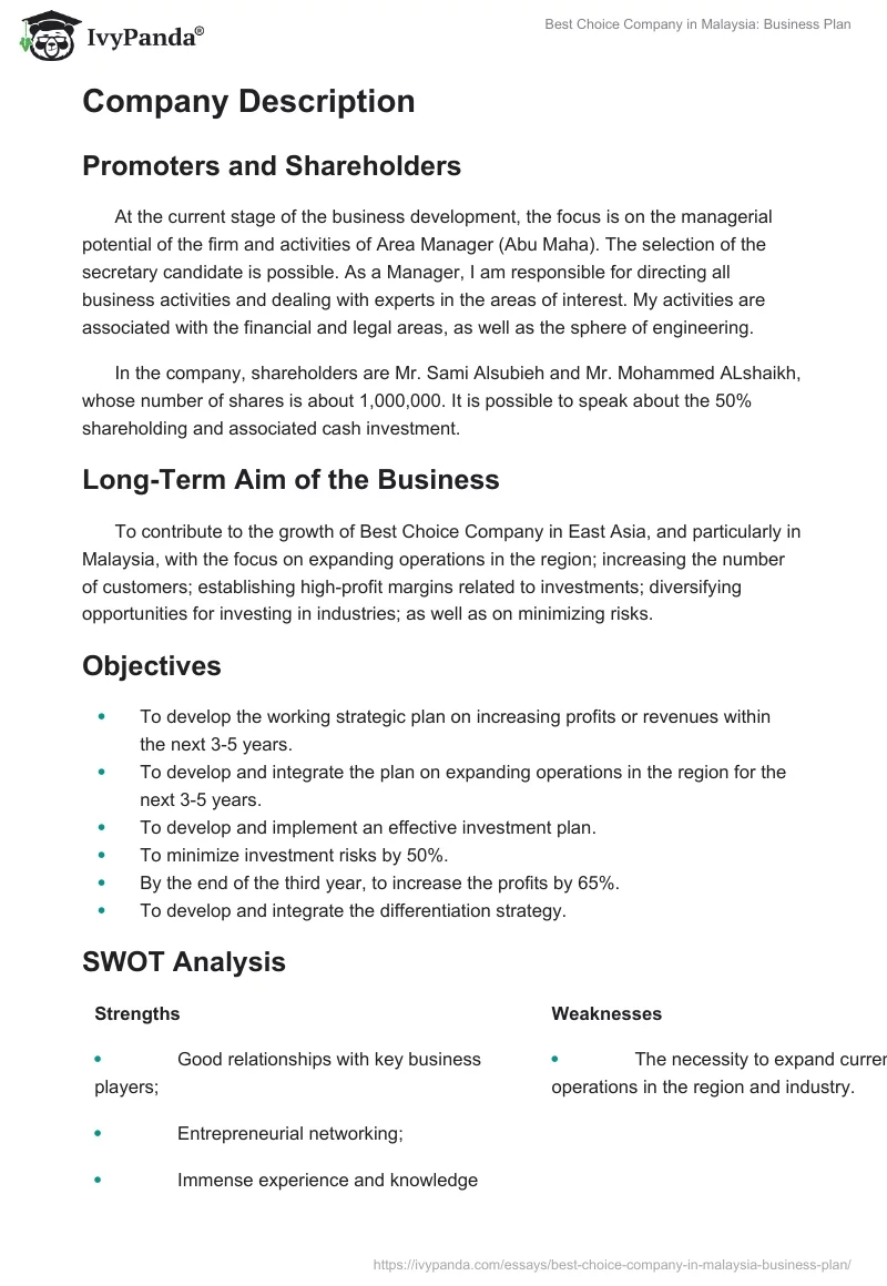 Best Choice Company in Malaysia: Business Plan. Page 2