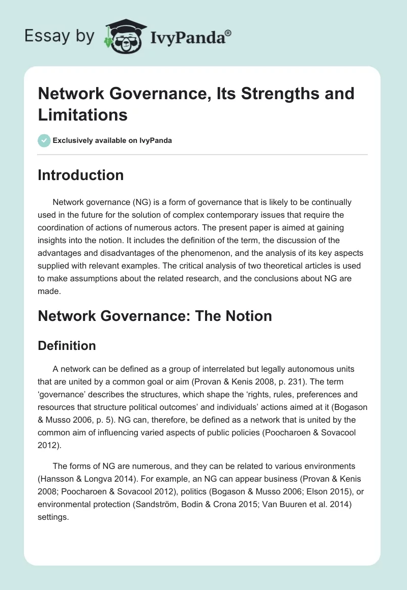 Network Governance, Its Strengths and Limitations. Page 1