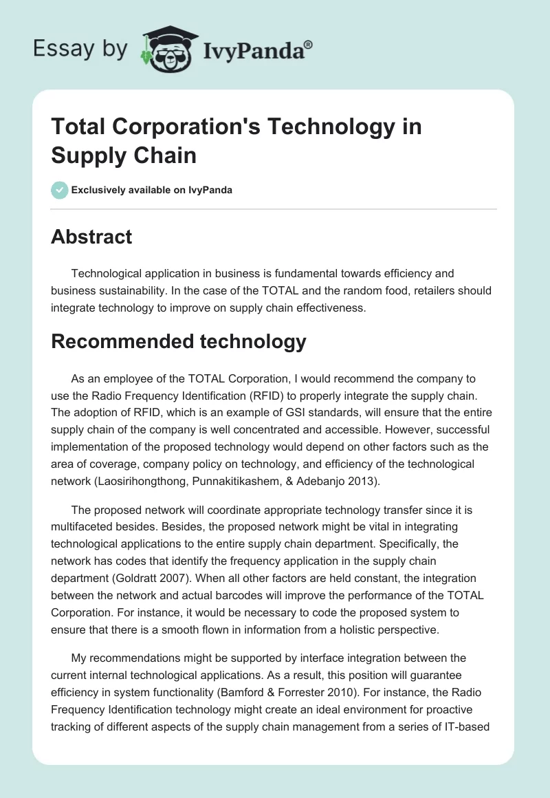 Total Corporation's Technology in Supply Chain. Page 1