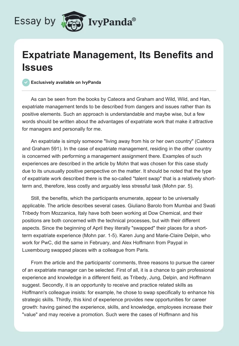 Expatriate Management, Its Benefits and Issues. Page 1