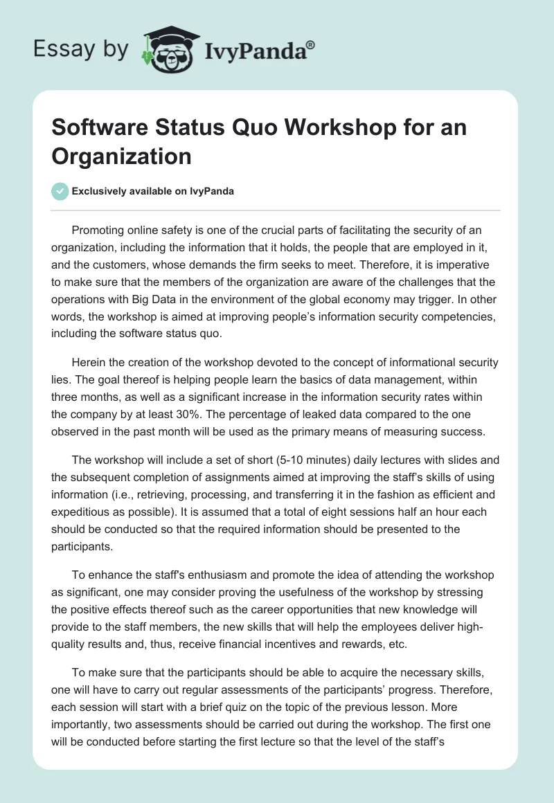 Software Status Quo Workshop for an Organization. Page 1