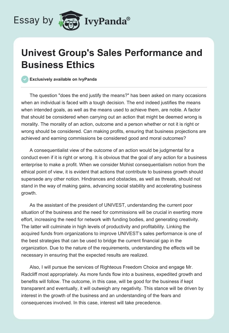 Univest Group's Sales Performance and Business Ethics. Page 1