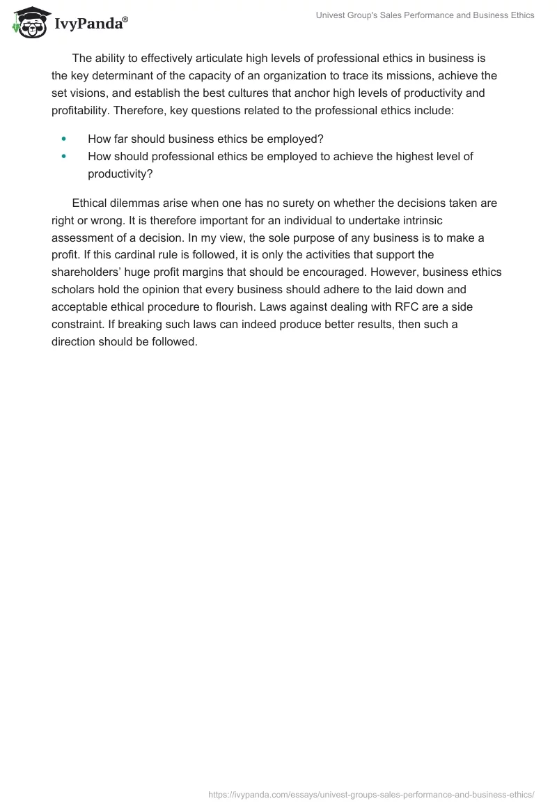 Univest Group's Sales Performance and Business Ethics. Page 2