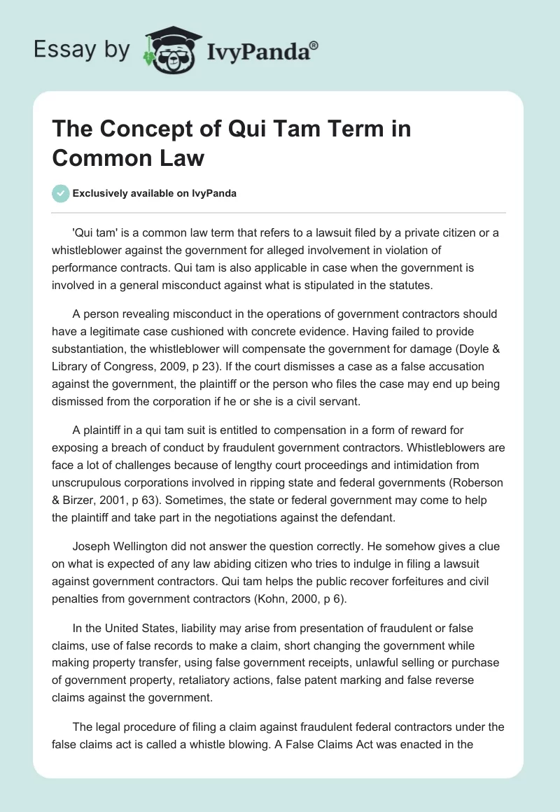 The Concept of "Qui Tam" Term in Common Law. Page 1