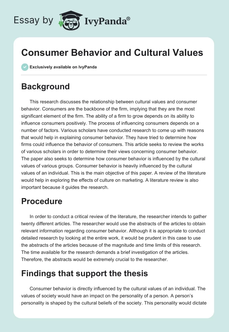 Consumer Behavior and Cultural Values. Page 1