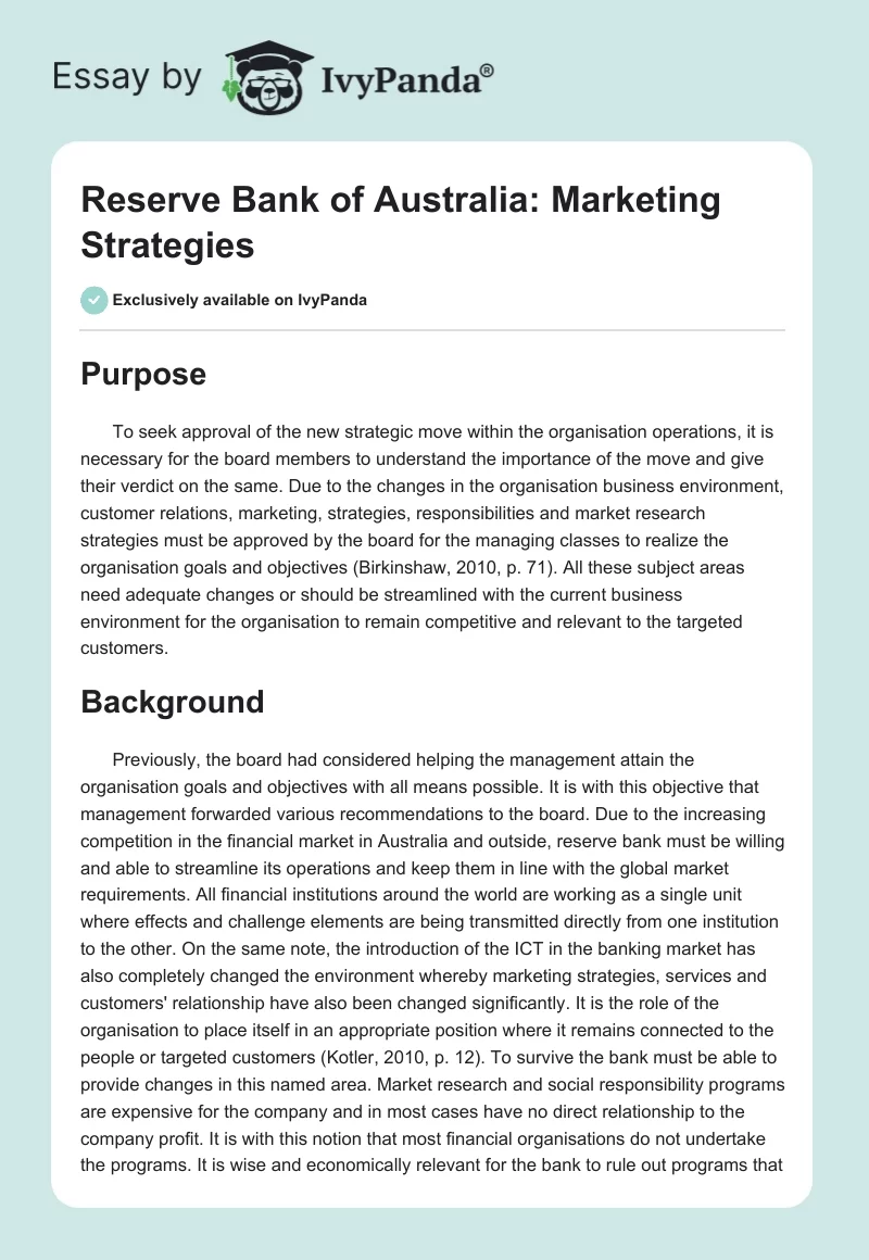Reserve Bank of Australia: Marketing Strategies. Page 1